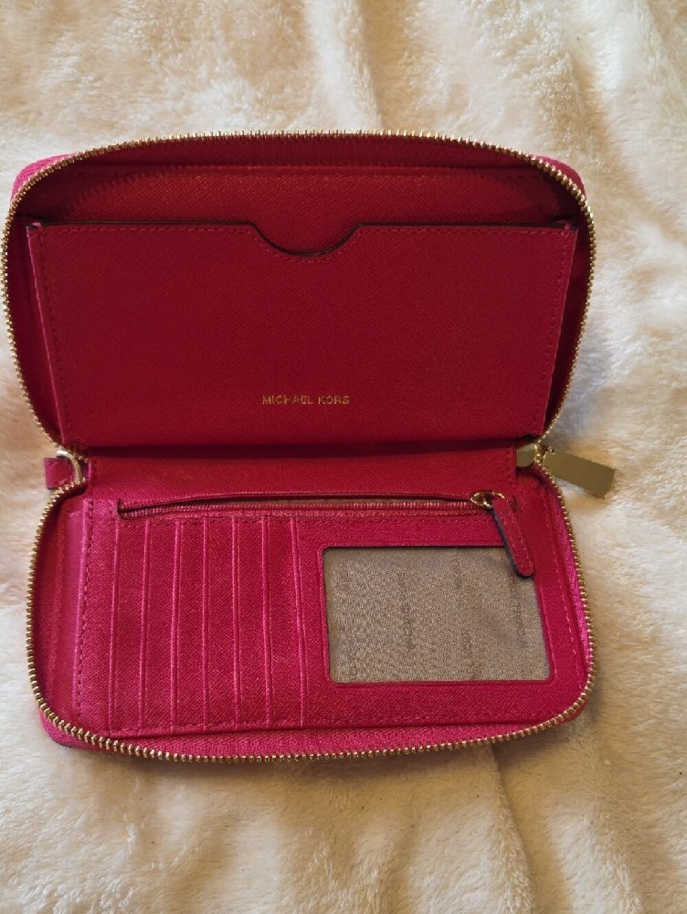 MICHAEL KORS Hot Pink Perforated Zip-Around Wallet with Gold Accents - Picture 4 of 6